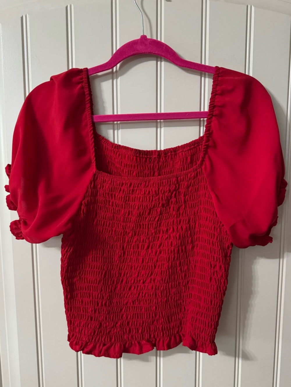 3/for $15 🍒 Red Smocked Puff Sleeve Crop Top Blouse (Womens X-Large) - Picture 6 of 8